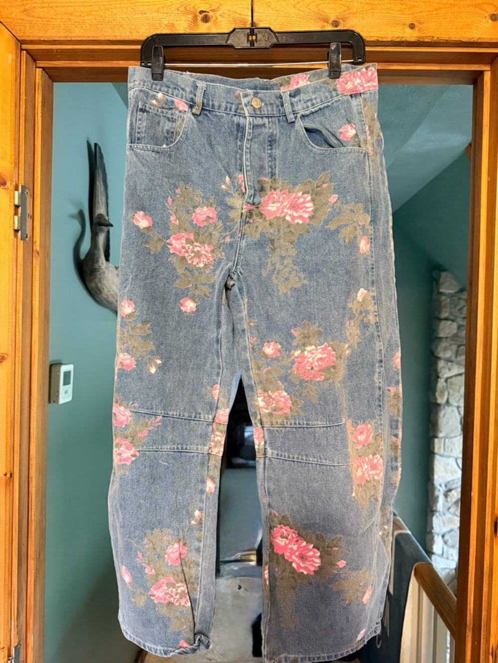 Blue Pink Floral Print Women’s Barrel Jeans - Pink Rose Pattern